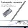 A stylus pen is shown in use on a tablet screen, with a close-up inset of the pen's button. Text describes its professional craftsmanship and writing experience. Produktbild-Vorschau