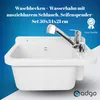 A white sink with a chrome faucet and a soap dispenser, set against a blue and white background with text and a quality badge. Anteprima dell’immagine prodotto