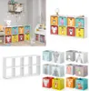 A collage of images showing a white cube storage unit with various colorful fabric storage boxes, some with animal designs, and a separate image of the empty storage unit. Produktbild-Vorschau