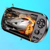 A handheld gaming console displaying a racing car on fire. Produktbild-Vorschau