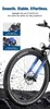Close-up of an electric bicycle's front wheel and fork, with marketing text and feature callouts. Produktbild-Vorschau