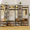 A corner entryway organizer with shelves and hooks, displaying various items like hats, bags, clothes, and shoes. Podgląd zdjęcia produktu