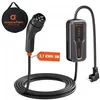 An electric vehicle charging cable and its accessories are displayed against a white background. Produktbild-Vorschau