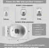An instructional diagram showing how to measure a toilet to determine compatibility with a toilet seat, with different toilet shapes and measurement guides. Produktbild-Vorschau