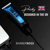 A close-up shot of a blue and black electric trimmer plugged into a power bank, with marketing text overlayed. Produktbild-Vorschau