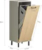 A tall, narrow cabinet with a wooden door ajar, revealing a grey fabric laundry bag inside. Dimensions are marked on the image. Produktbild-Vorschau
