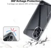A clear phone case is shown on a cracked surface, with a diagram illustrating its protective features. Produktbild-Vorschau