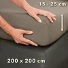 Hands are shown stretching a fitted sheet over a mattress, indicating size and fit. Produktbild-Vorschau