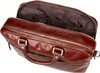 A brown leather briefcase is shown from a top-down perspective with the main compartment open. Produktbild-Vorschau