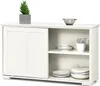 A white sideboard with sliding doors and open shelving, displaying plates, bowls, and cutlery. Produktbild-Vorschau