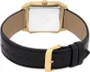 The back of a gold-toned watch with a black leather strap and a silver-toned case back. Produktbild-Vorschau