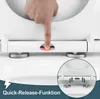 A finger presses a button on a white toilet seat hinge, with a close-up inset showing the hinge mechanism. Podgląd zdjęcia produktu