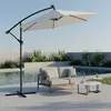An outdoor patio scene with a sofa, coffee tables, and a large cantilever umbrella next to a swimming pool. Náhľad obrázku produktu