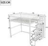 A diagram showing the dimensions of a white loft bed with stairs. Produktbild-Vorschau