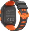 The back of a black and orange smartwatch with detailed product information printed on it. Produktbild-Vorschau