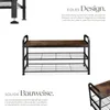 A shoe rack with a wooden top and metal shelves, presented with descriptive text about its design and construction. Náhled obrázku produktu