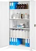 A white metal storage cabinet with its doors open, showing shelves filled with various items. Produktbild-Vorschau