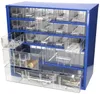 A blue metal workshop storage box with multiple clear plastic drawers filled with small items. Produktbild-Vorschau