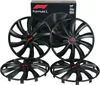 A set of four black Formula 1 branded wheel covers, with red logos, displayed on a white background. A product box is visible in the background. Produktbild-Vorschau