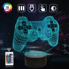 A 3D illusion lamp shaped like a video game controller, displayed with a remote control and various icons suggesting features. Produktbild-Vorschau