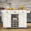 A white kitchen island with a wooden countertop is shown in a kitchen setting. The island has drawers, cabinets, a wine rack, and a slow cooker on display. Produktbild-Vorschau