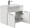 A white bathroom vanity with a sink and faucet, and its cabinet doors are open. Produktbild-Vorschau
