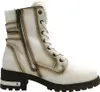 A white women's boot with brown accents and a dark sole, shown from the side against a white background. Voir les images du produit
