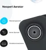 A close-up marketing image of a faucet aerator with feature callouts. Produktbild-Vorschau