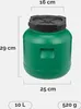 A green plastic barrel with a black lid, shown with dimensions and capacity indicated by text overlays. Produktbild-Vorschau