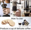 A collage showing the process of making coffee with an Aeropress, including brewing, filters, and the final cup. Produktbild-Vorschau
