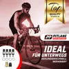 A cyclist riding a bike, with product shots and text overlays. Produktbild-Vorschau
