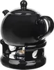 A black ceramic teapot with a lid and handle, sitting on a black ceramic stand with a lit tea light underneath. Anteprima dell’immagine prodotto