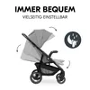 A stroller is shown with arrows indicating adjustable features, alongside text and an icon related to comfort and sleep. Produktbild-Vorschau