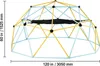 A geodesic dome climbing frame with a black net hammock in the center, shown against a white background with size indicators. Produktbild-Vorschau