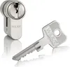 A silver lock cylinder and a silver key are displayed against a white background. Produktbild-Vorschau