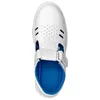 A top-down view of a white sandal with a blue interior. Produktbild-Vorschau