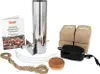 A collection of items for smoking food, including a smoker, bags of wood chips, a pump, and a booklet. Produktbild-Vorschau