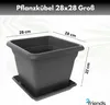 A dark gray square planter with a matching saucer, shown with dimensions indicated by lines and text. Produktbild-Vorschau