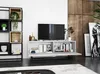 A modern living room setup featuring a white TV stand with a television, shelves, and decorative items, next to a tall black shelf unit with plants and decor. Produktbild-Vorschau