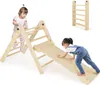 Two children playing on a wooden climbing toy set.