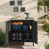 An outdoor storage cabinet is shown open, displaying tools and storage boxes, placed on a patio next to a building. Produktbild-Vorschau