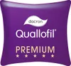 A close-up marketing image of a purple pillow tag with brand logos and text. Produktbild-Vorschau