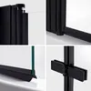 A collage of four close-up shots of a black framed shower enclosure, highlighting its details and construction. Produktbild-Vorschau