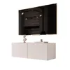 A modern white TV lowboard with a television mounted above it. Voir les images du produit