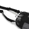 A close-up view of a gray fabric bag with black straps and silver carabiner clips. Produktbild-Vorschau