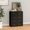 A black chest of drawers with four drawers is shown in a room setting. There are decorative items on top of the dresser, and a plant is to the left. Voir les images du produit