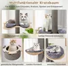 A collage of images showcasing different features and configurations of a multi-functional cat tree, with cats interacting with various parts of the structure. Produktbild-Vorschau