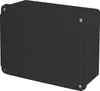 A black electrical junction box with multiple knockouts on the sides and top, shown from a three-quarter angle. Produktbild-Vorschau