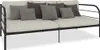 A studio shot of a black metal daybed frame with white cushions and gray and brown throw pillows. Náhľad obrázku produktu