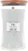 A large glass candle with a wooden lid and a light gray wax. Produktbild-Vorschau